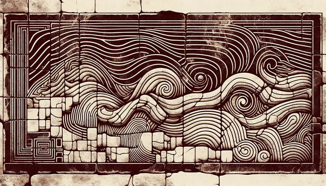 Steinrelief einer ruhigen Kuestenlinie mit Ziegelrot auf hellem steinfarbigem Hintergrund im antiken Stil
