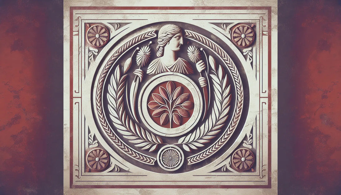 Stilisiertes steinernes Symbol vereint Liebe und Kampf mit Lorbeer und Schild in rotem Relief auf hellem steinernen Hintergrund
