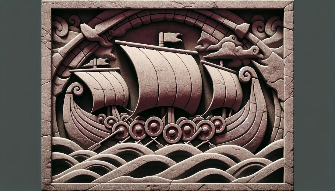 Steinrelief mit stilisierten Wikinger Schifffragmenten in Ziegelrot auf hellem steinfarbenem Hintergrund