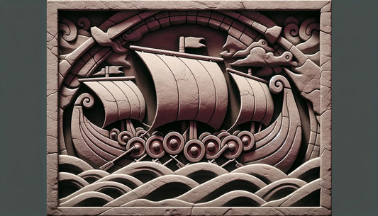 Steinrelief mit stilisierten Wikinger Schifffragmenten in Ziegelrot auf hellem steinfarbenem Hintergrund