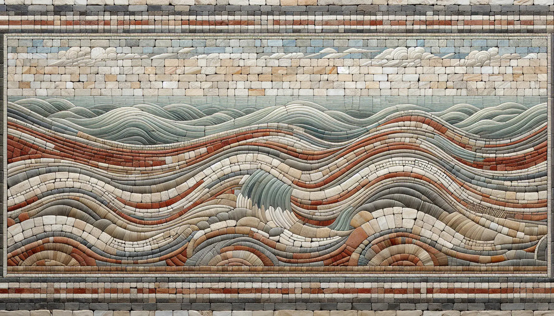 ruhiges meer im stil eines antiken mosaiks mit ziegelfarbenen linien auf hellem stein kattegat