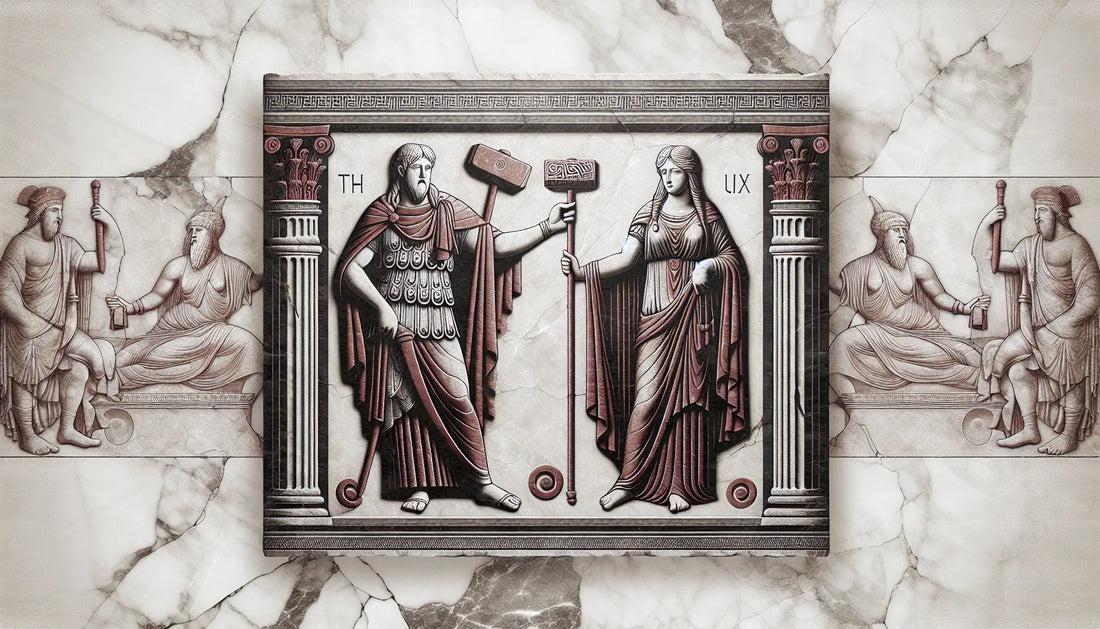 Stilianisches steinrelief mit thor und freya figuren in traditionellen guetern römisch inspiriertes dunkles ziegelrot auf hellem stein