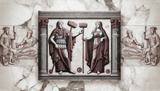 Stilianisches steinrelief mit thor und freya figuren in traditionellen guetern römisch inspiriertes dunkles ziegelrot auf hellem stein