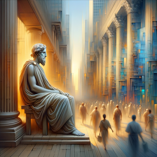 A Stoic philosopher in traditional toga meditates amidst a modern cityscape, blending ancient calm with contemporary busyness.