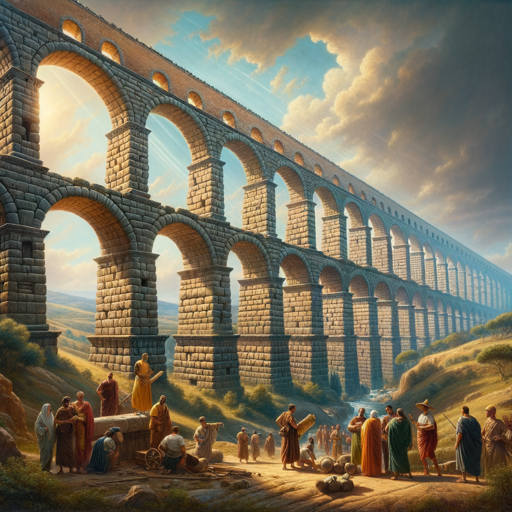 Roman aqueduct with towering arches set against a vibrant skyline, inspired by classic 1960s historical films, featuring workers in period clothing.
