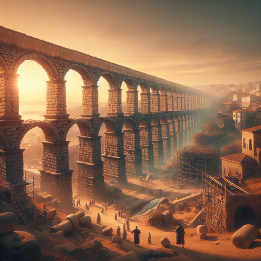 The Aqueduct of Valens in Istanbul at sunset, with strong Roman stone arches illuminated by golden light, blending ancient architecture with the modern city skyline under a warm sky.