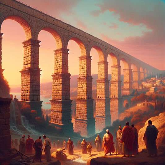 Wide-angle view of the Aqueduct of Valens in ancient Istanbul during sunset, showcasing Roman arches and stonework in a painterly style inspired by classic 1960s historical epics.