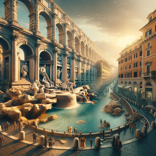 Cinematic painting of Aqua Virgo aqueduct flowing into Trevi Fountain, juxtaposing ancient engineering with modern Rome.