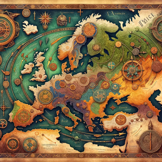 Hand-drawn map of ancient Germanic and Celtic tribes with arrows showing cultural exchanges, styled like a 1960s historical epic film.