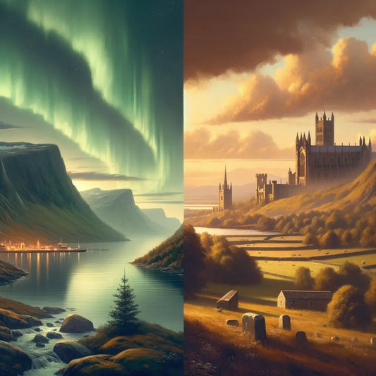 Northern Lights over a Nordic fjord contrasted with a classic British landscape with rolling hills and historic landmarks.