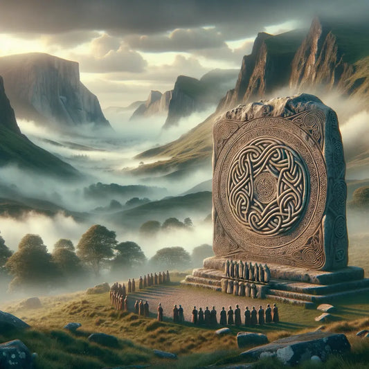 Intricate Celtic knot stone carving in a misty Irish or Scottish landscape.