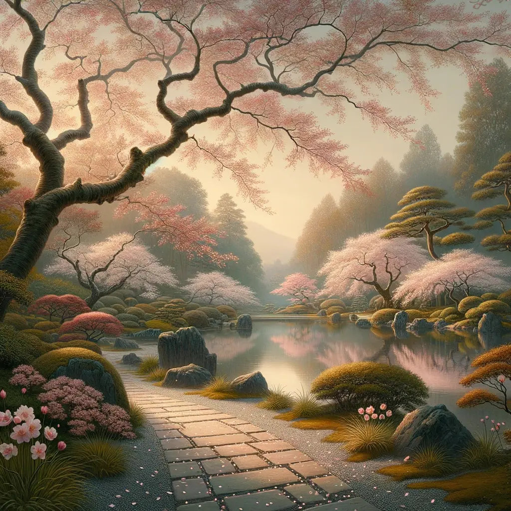 Ein ruhiger japanischer Garten im Frühling mit blühenden Kirschblütenbäumen und zartrosa Blütenblättern auf dem Boden.