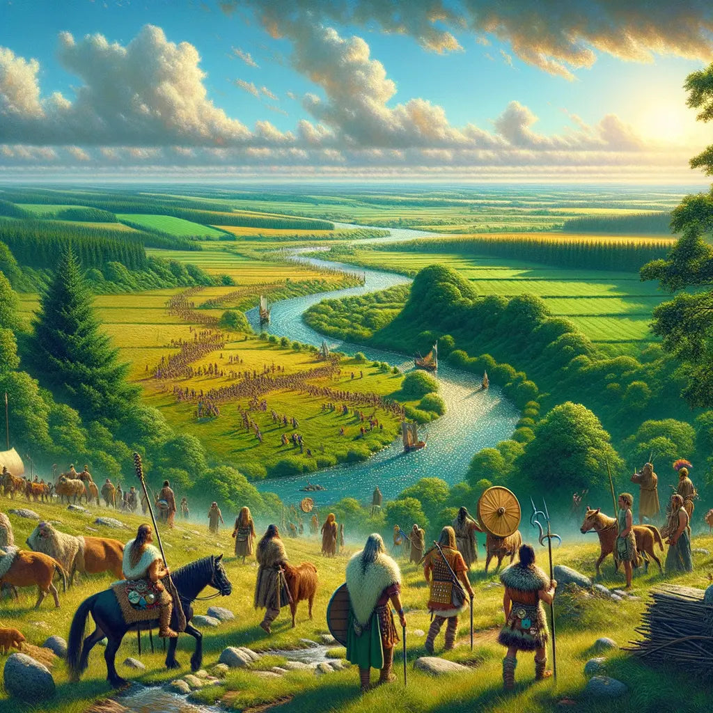 Germanic tribes migrating through Dutch fields and German forests, portrayed with a cinematic 1960s epic film style.