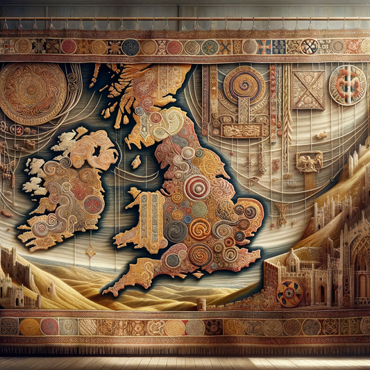 Tapestry map of England with Germanic, Celtic, and Viking elements, in a 1960s historical film style.