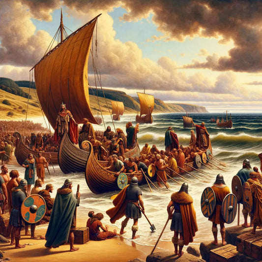 Anglo-Saxon tribes landing on the English coast with traditional Germanic attire and symbols, in a style reminiscent of 1960s historical epics.