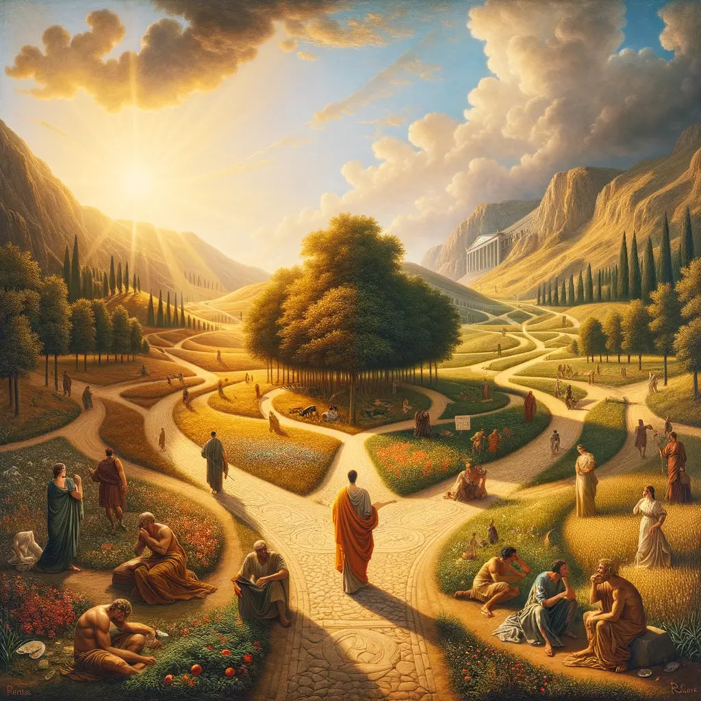 A Roman philosopher stands at a forked path, choosing between a sunlit meadow and a rugged mountain trail, symbolizing the choice between Epicureanism and Stoicism.