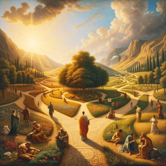 A Roman philosopher stands at a forked path, choosing between a sunlit meadow and a rugged mountain trail, symbolizing the choice between Epicureanism and Stoicism.