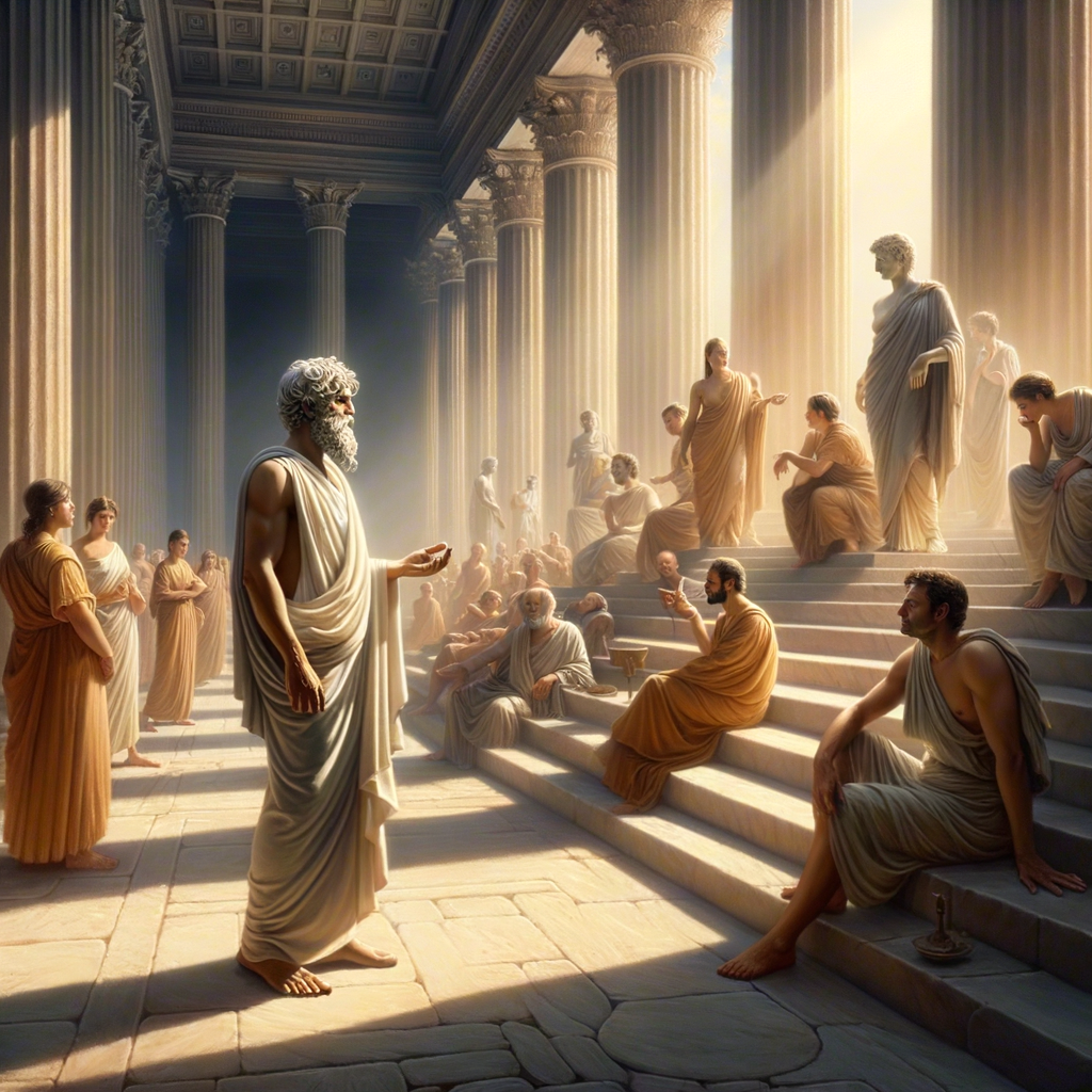 Debate between a Stoic and an Epicurean philosopher in ancient Greece, set in a classical forum, depicted in the style of 1960s historical epic films.