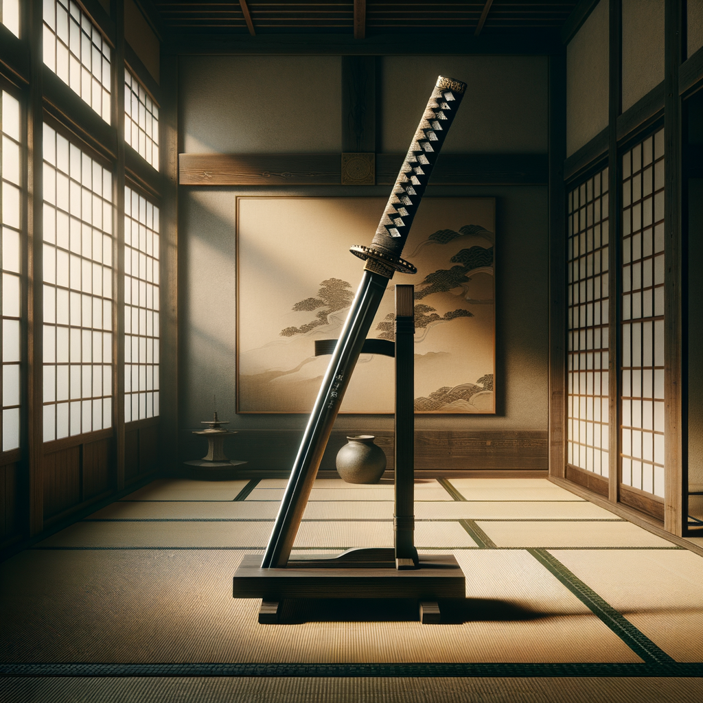 Ein traditionell gefertigtes Katana auf einem Holzständer in einem japanischen Raum mit Tatami-Matten und einem Shoji-Bildschirm, der ein sanftes Morgenlicht einlässt. Minimalistisch und kunstvoll.