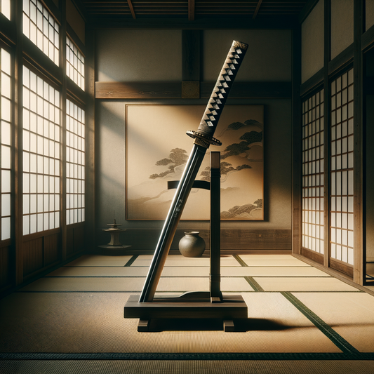 Ein traditionell gefertigtes Katana auf einem Holzständer in einem japanischen Raum mit Tatami-Matten und einem Shoji-Bildschirm, der ein sanftes Morgenlicht einlässt. Minimalistisch und kunstvoll.