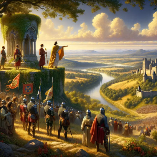 A scenic painting depicting Celtic, Roman, and Frankish historical influences in a French landscape, inspired by 1960s historical film styles.