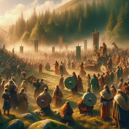 Gallic and Celtic tribes celebrate a vibrant festival in an ancient European landscape, depicted in the style of 1960s historical epics, with traditional attire and nature-themed decorations.