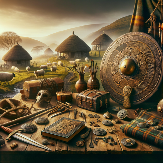 A painting depicting ancient Gallic artifacts alongside modern Gaelic symbols, blending historical and contemporary cultures in a cinematic style.