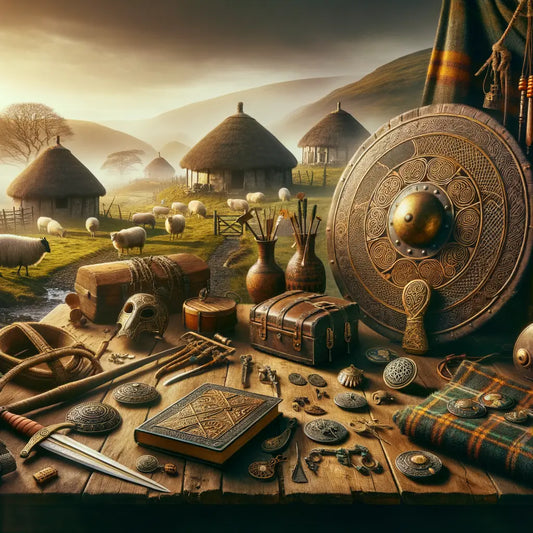 A painting depicting ancient Gallic artifacts alongside modern Gaelic symbols, blending historical and contemporary cultures in a cinematic style.