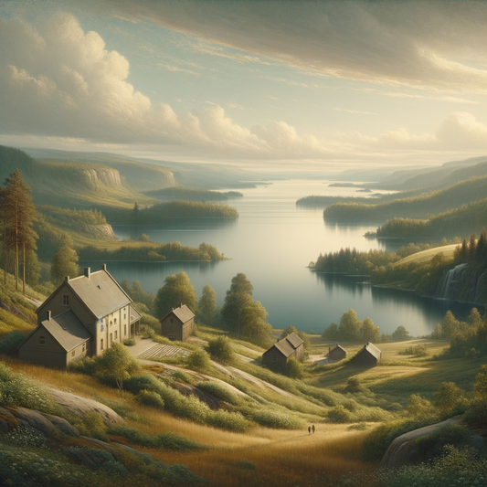 Cinematic painting of a serene Scandinavian landscape with hills, lakes, and forests in a 1960s epic style.