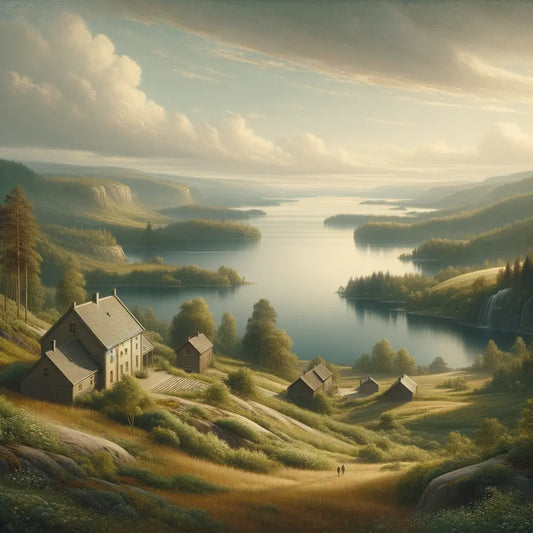 Cinematic painting of a serene Scandinavian landscape with hills, lakes, and forests in a 1960s epic style.