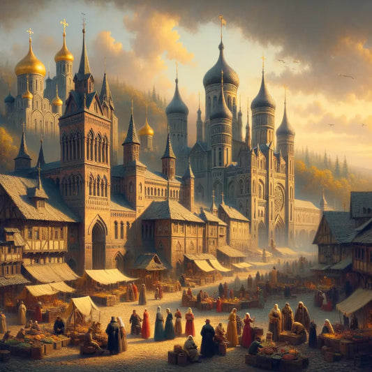 European cityscape portraying a blend of Germanic and Slavic architectural styles in a bustling medieval market scene, inspired by 1960s historical epics.