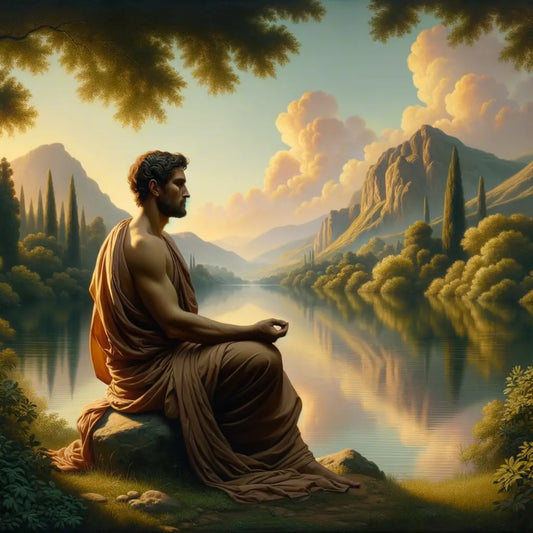 An ancient Roman philosopher meditates peacefully by a serene lake, evoking tranquility and inner peace in a style inspired by 1960s historical epics.