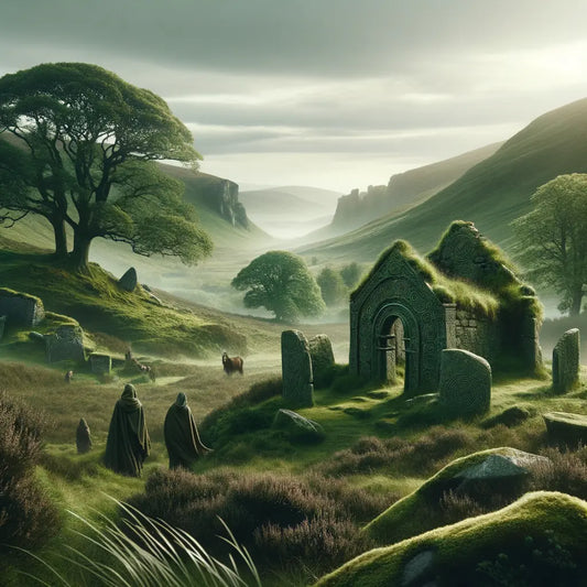 Cinematic painting of Irish countryside with Celtic ruins and subtle Germanic symbols, featuring moss-covered stones and a backdrop of rolling hills.
