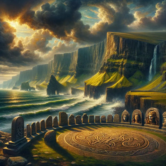 A sweeping view of Ireland’s green coast with dramatic clouds and Celtic designs, evoking the mystery and majesty of ancient times, in the style of a historical epic painting.