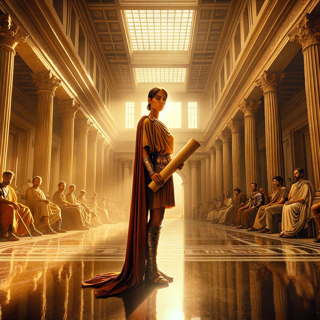 A modern person thoughtfully examining an ancient Roman scroll in a historic Roman architectural setting, reflecting the enduring wisdom of Seneca.