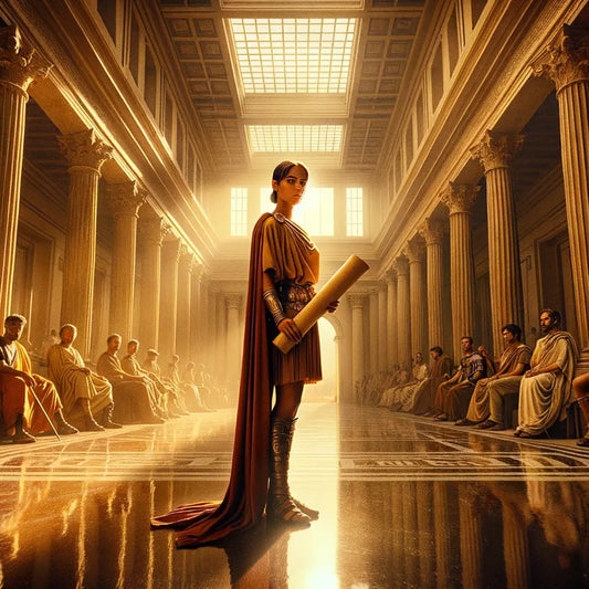 A modern person thoughtfully examining an ancient Roman scroll in a historic Roman architectural setting, reflecting the enduring wisdom of Seneca.