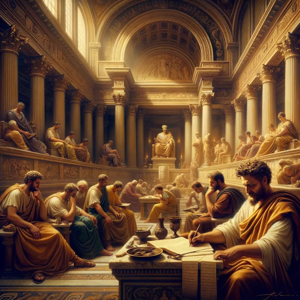 Marcus Aurelius writing Meditations in an ancient Roman forum, surrounded by majestic architecture, inspired by 1960s historical epic films.