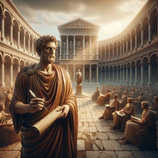 Marcus Aurelius in ancient Rome, holding scrolls before the Colosseum, styled like a 1960s historical film painting.