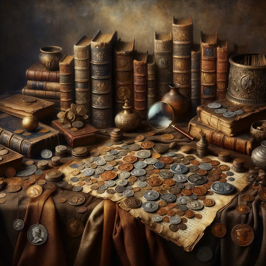 Roman Empire coins elegantly displayed on fabric with historical books and magnifying glass in a classic historical style.