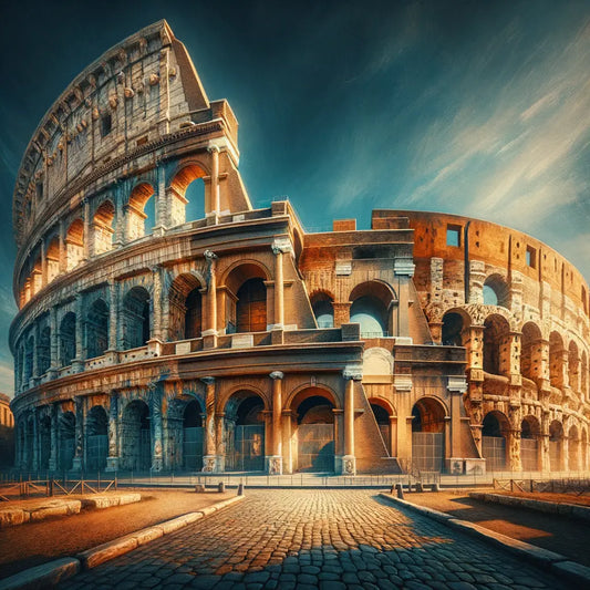 A majestic painting of a Roman coliseum under a clear blue sky, blending Italic and Greek architecture, inspired by 1960s historical films.