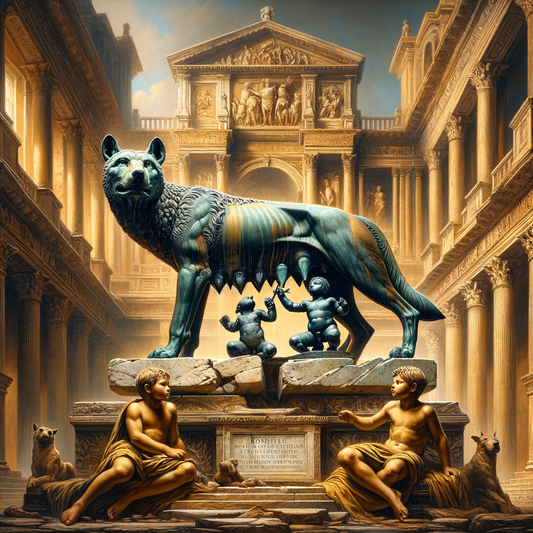 The Capitoline Wolf statue with Romulus and Remus under it, set against a backdrop of ancient Roman architecture, akin to a scene from a classic 1960s historical film.