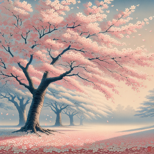 Serene Frühlingslandschaft in Japan mit Kirschblütenbäumen in voller Blüte und weichen rosa Blütenblättern, die den Boden sanft bedecken.