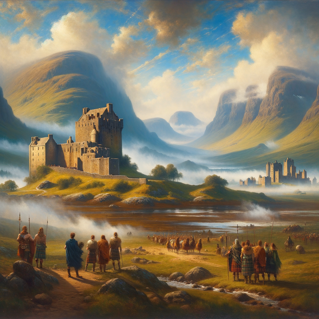 Ancient castles of the Scottish Highlands amidst rolling mists, with Celtic and Germanic figures standing in harmony.