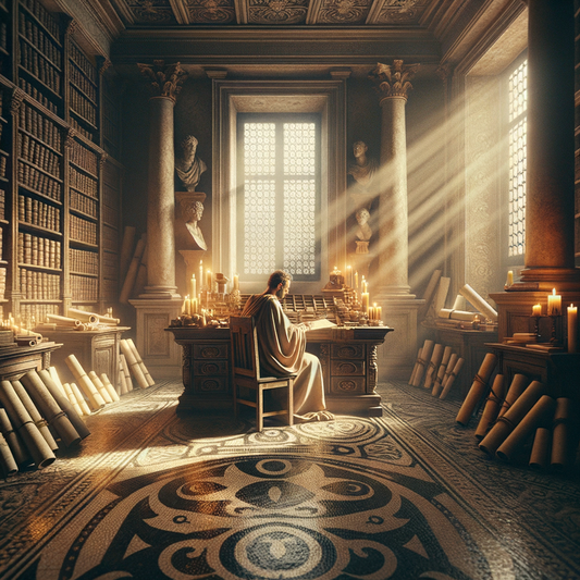Roman philosopher writing at a cluttered wooden desk with parchment, surrounded by a warm glow and scholarly atmosphere, inspired by 1960s historical epic style.