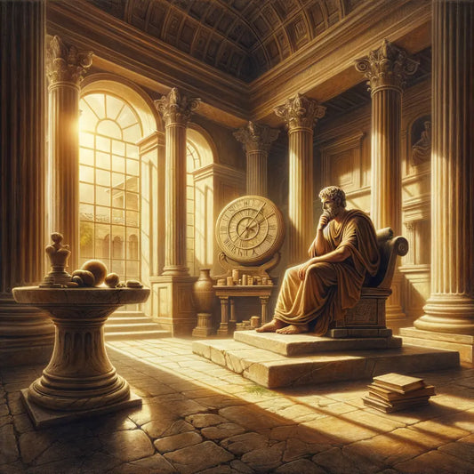 A serene philosopher, possibly Epictetus, in a contemplative pose amidst Roman architecture, inspired by classic historical film style.