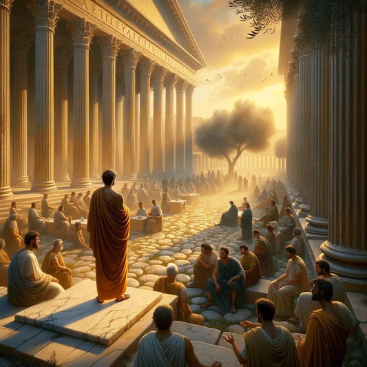 A serene Roman forum with a philosopher symbolizing Stoic peace, surrounded by majestic columns and natural harmony, styled like a 1960s historical epic.