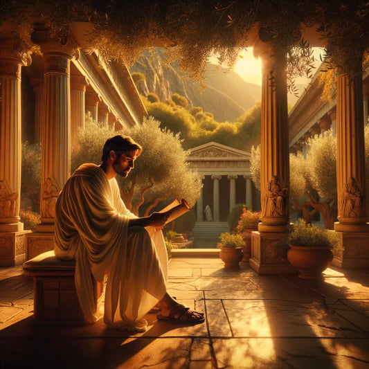 Greek philosopher in deep thought in a serene garden with classical columns and olive trees, inspired by classic historical films.