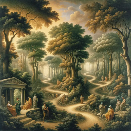 Roman philosophers in an ancient forest with multiple paths, bathed in soft light, symbolizing different philosophical journeys.