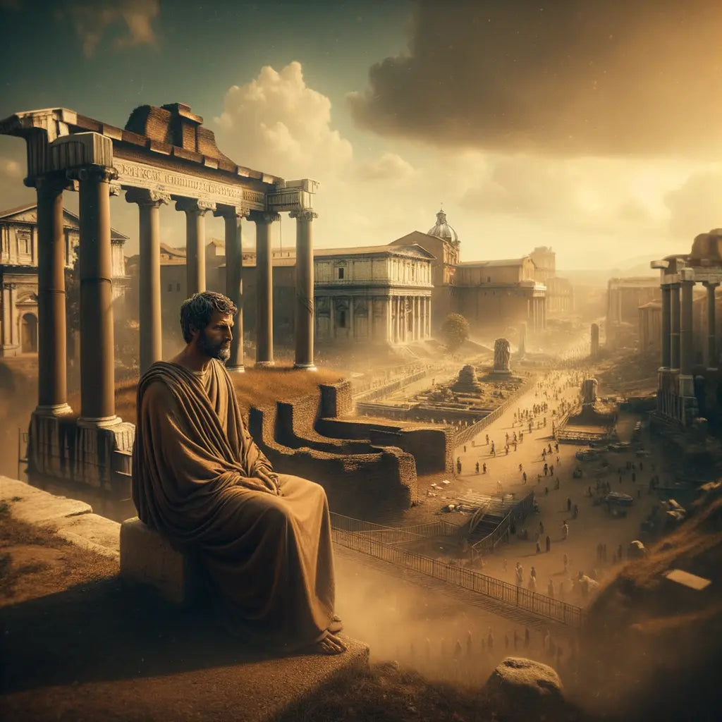 A serene philosopher in a toga stands calmly amidst a bustling Roman Forum, embodying Stoic peace against the backdrop of ancient architectural grandeur and a busy populace.