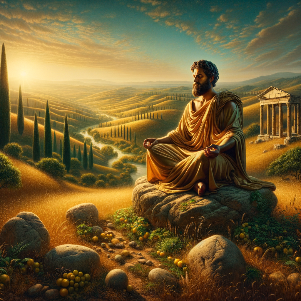 A Roman philosopher meditating on a rock amid a serene natural landscape, inspired by the style of 1960s historical epic films, symbolizing Stoic inner peace.